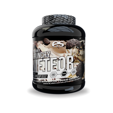 Envase del suplemento proteico Crunchy Meteor de Essential Nutrition, con diseño llamativo en tonos oscuros y detalles metálicos. El producto está orientado a deportistas que buscan una proteína de alta calidad con textura crujiente y sabor intenso.