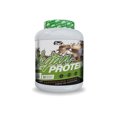 Envase de la proteína vegana sabor capuchino de Essential Nutrition, con un diseño elegante que refleja su origen vegetal, destacando su perfil natural, saludable y su delicioso sabor a café cremoso.