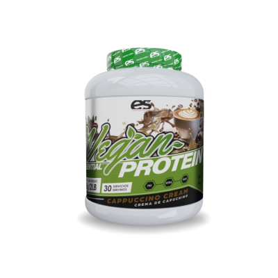 Envase de la proteína vegana sabor capuchino de Essential Nutrition, con un diseño elegante que refleja su origen vegetal, destacando su perfil natural, saludable y su delicioso sabor a café cremoso.